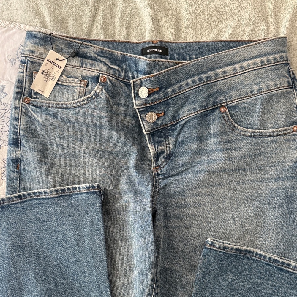 Express 70s Flare Mid Rise Light Blue Denim Jeans with Double-Button Waist